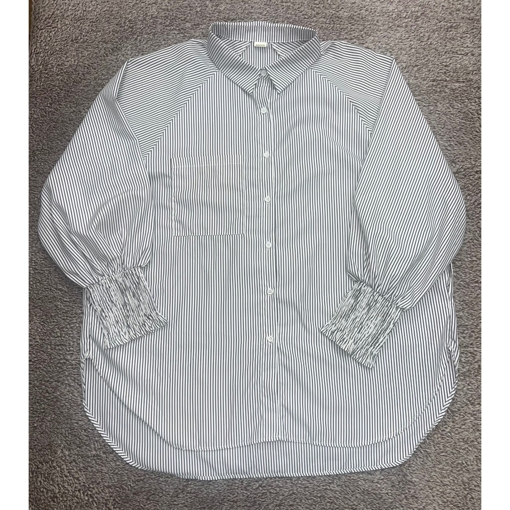 ASVIVID Womens XXL Black White Striped Button Down Blouse Smocked Cuff Oversized